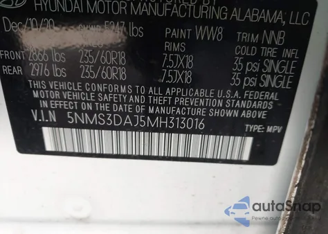 2021 Hyundai Santa Fe Sel из США, поврежденный, VIN 5NMS3DAJ5MH313016